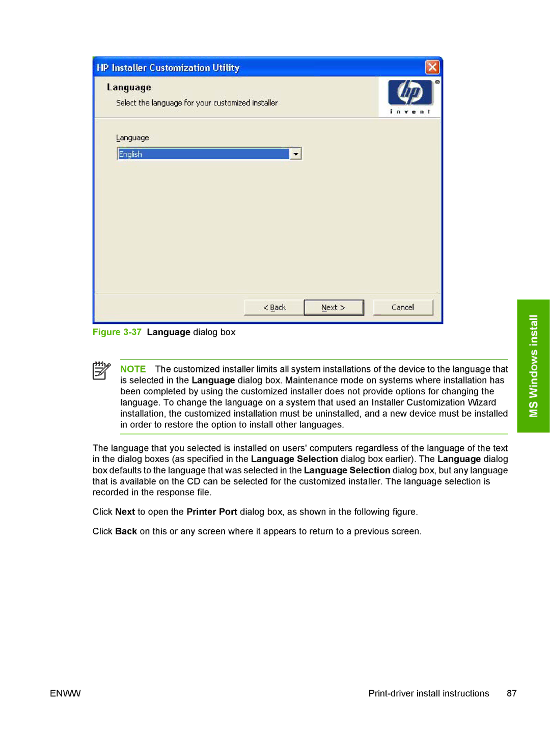 HP 5200L manual Language dialog box 