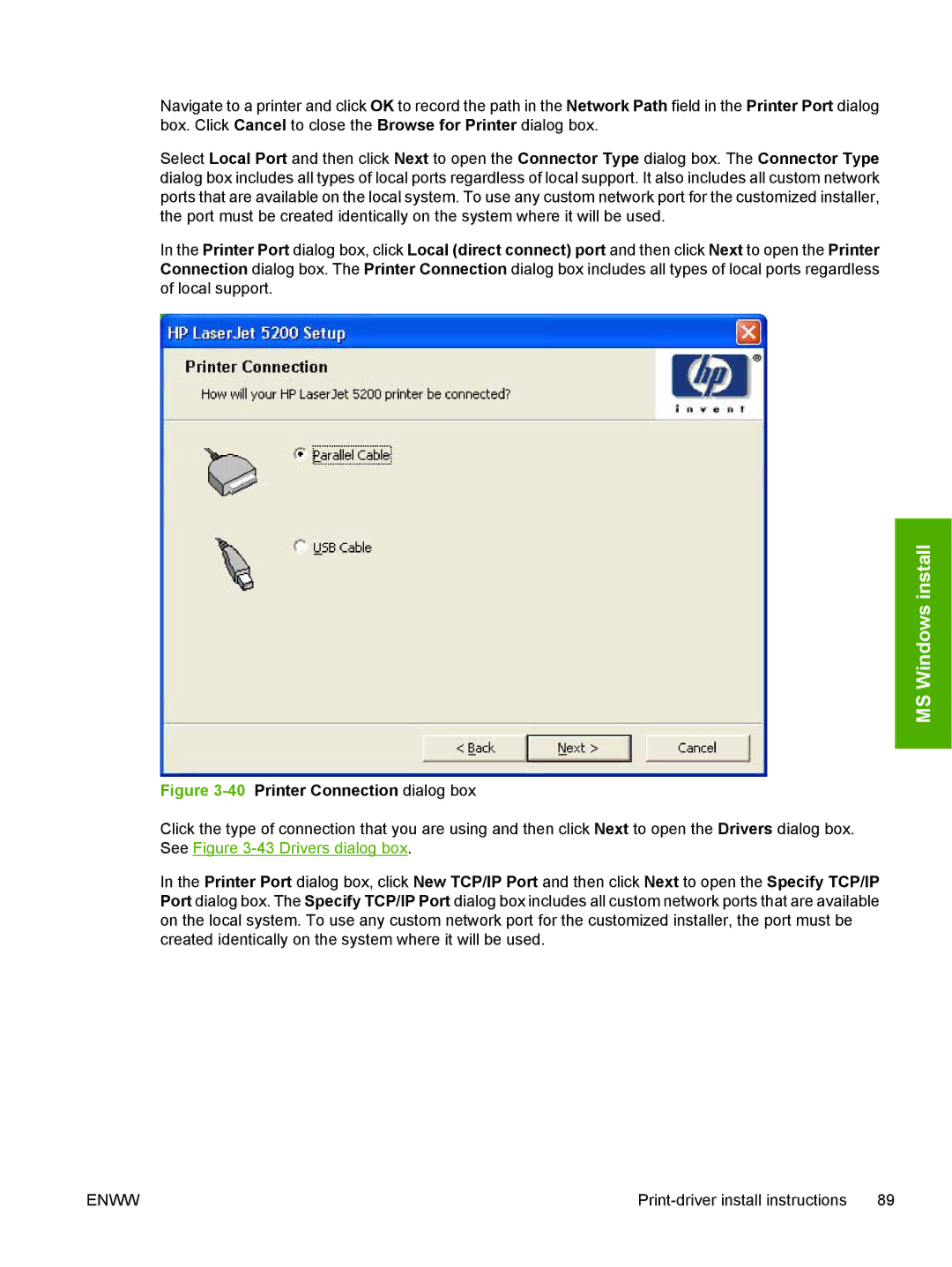 HP 5200L manual 40Printer Connection dialog box 