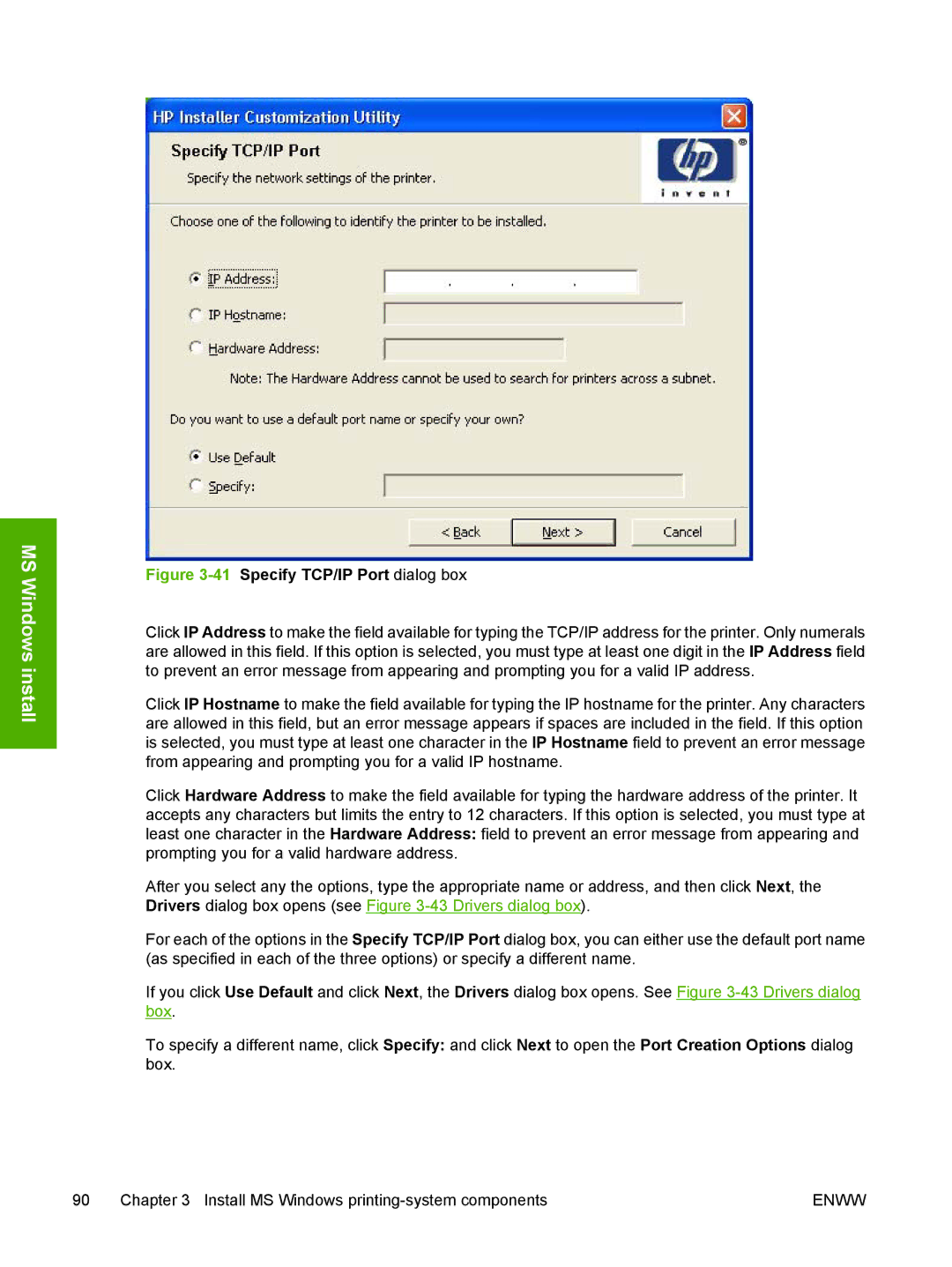 HP 5200L manual 41Specify TCP/IP Port dialog box 