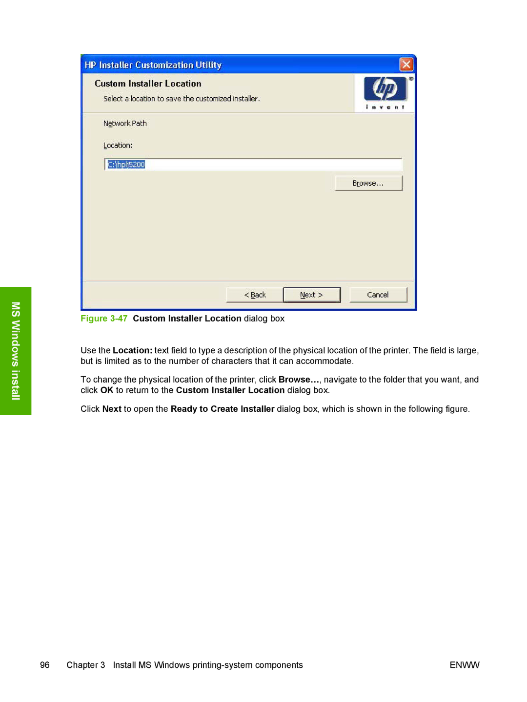 HP 5200L manual 47Custom Installer Location dialog box 