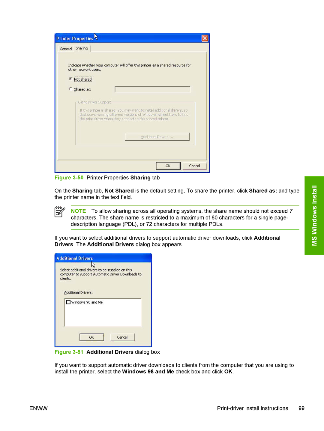 HP 5200L manual 51Additional Drivers dialog box 