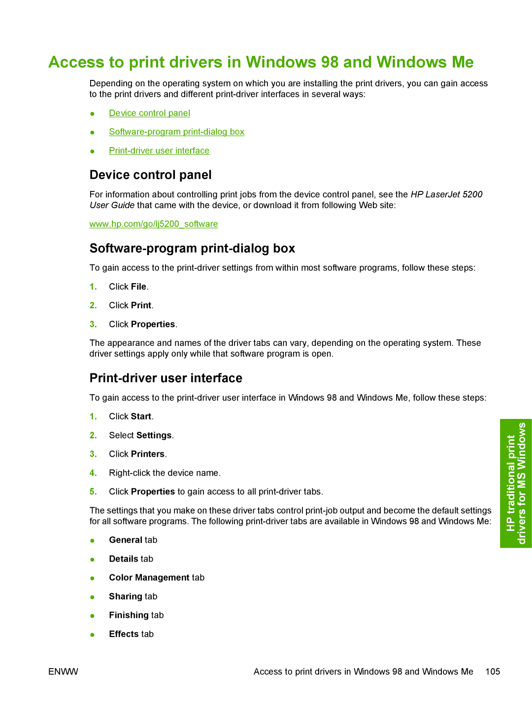 HP 5200L Access to print drivers in Windows 98 and Windows Me, Device control panel, Software-program print-dialog box 