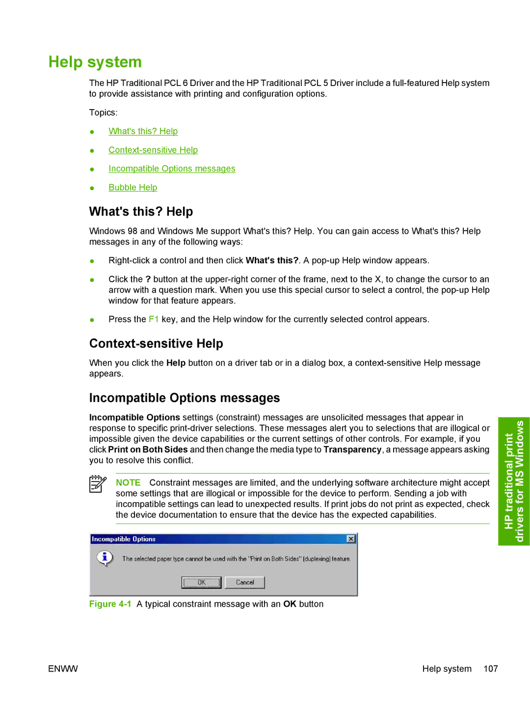 HP 5200L manual Help system, Whats this? Help, Context-sensitive Help, Incompatible Options messages 