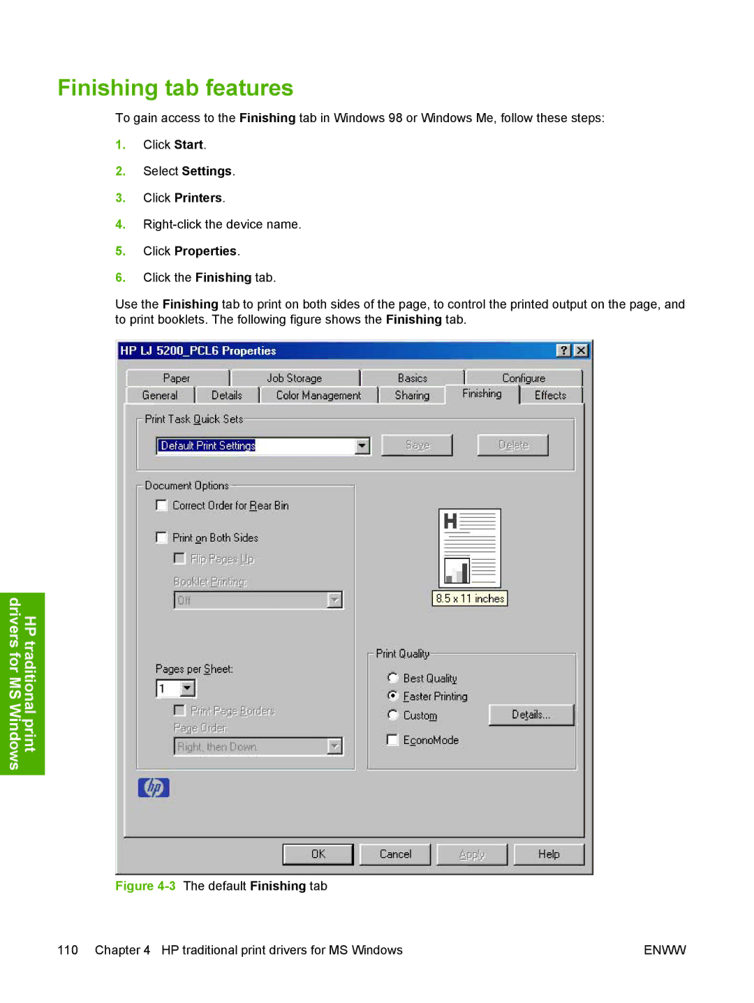 HP 5200L manual Finishing tab features, Click Printers 