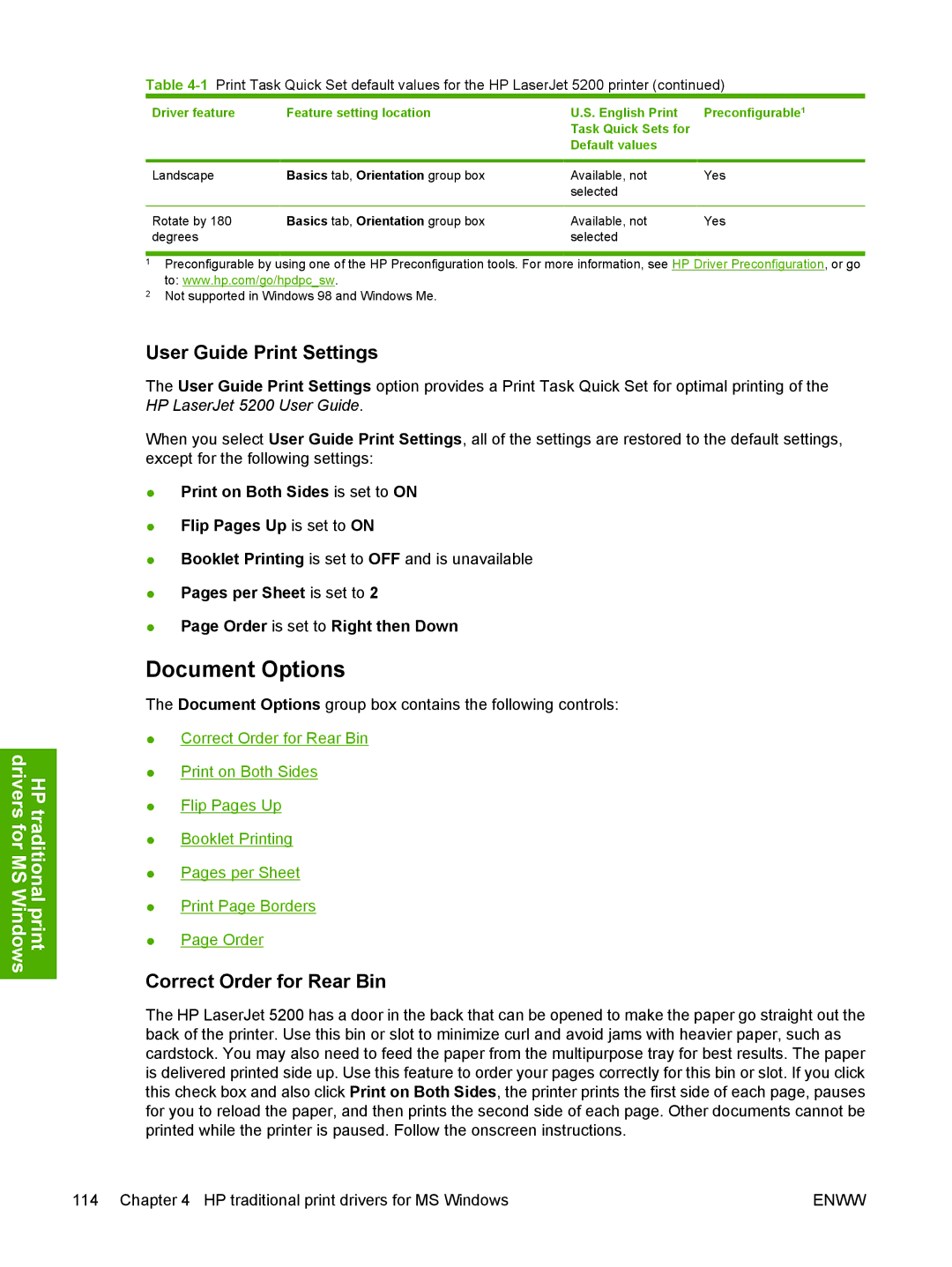 HP 5200L manual Document Options, User Guide Print Settings, Correct Order for Rear Bin 