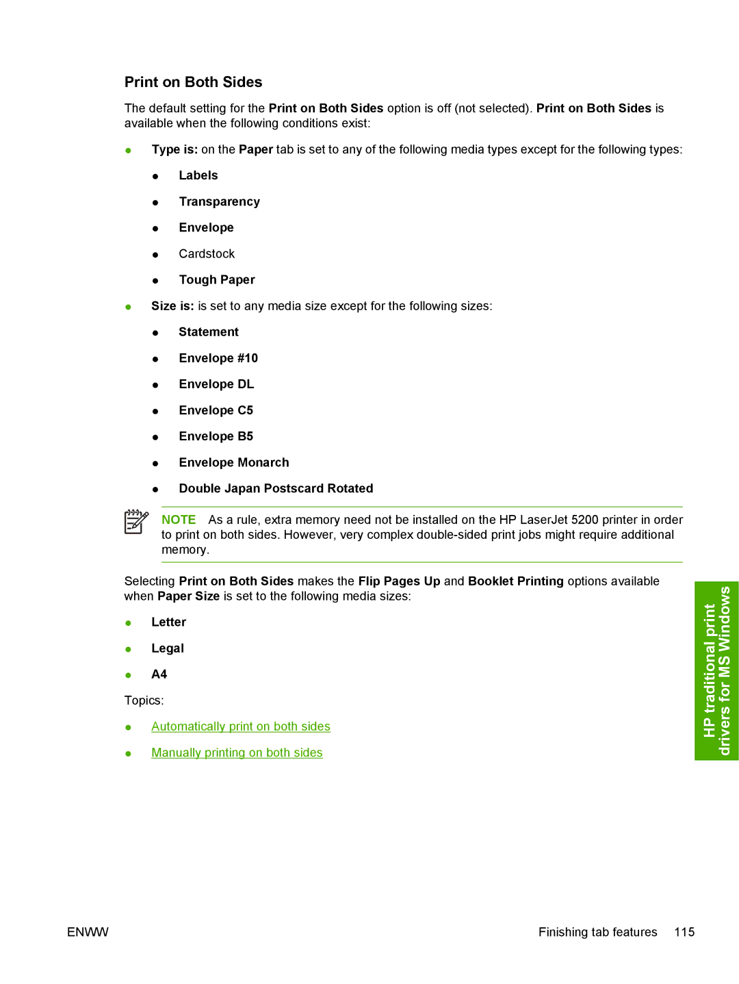 HP 5200L manual Print on Both Sides, Labels Transparency Envelope, Tough Paper 
