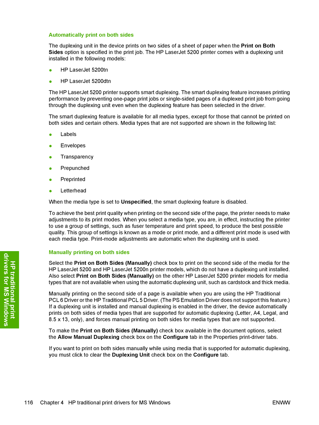 HP 5200L manual Automatically print on both sides, Manually printing on both sides 