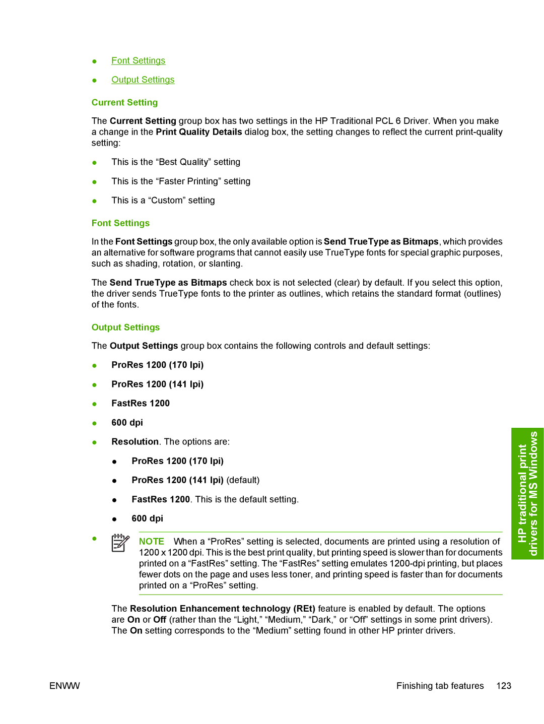 HP 5200L manual Current Setting, Font Settings, Output Settings, ProRes 1200 170 lpi ProRes 1200 141 lpi FastRes 600 dpi 