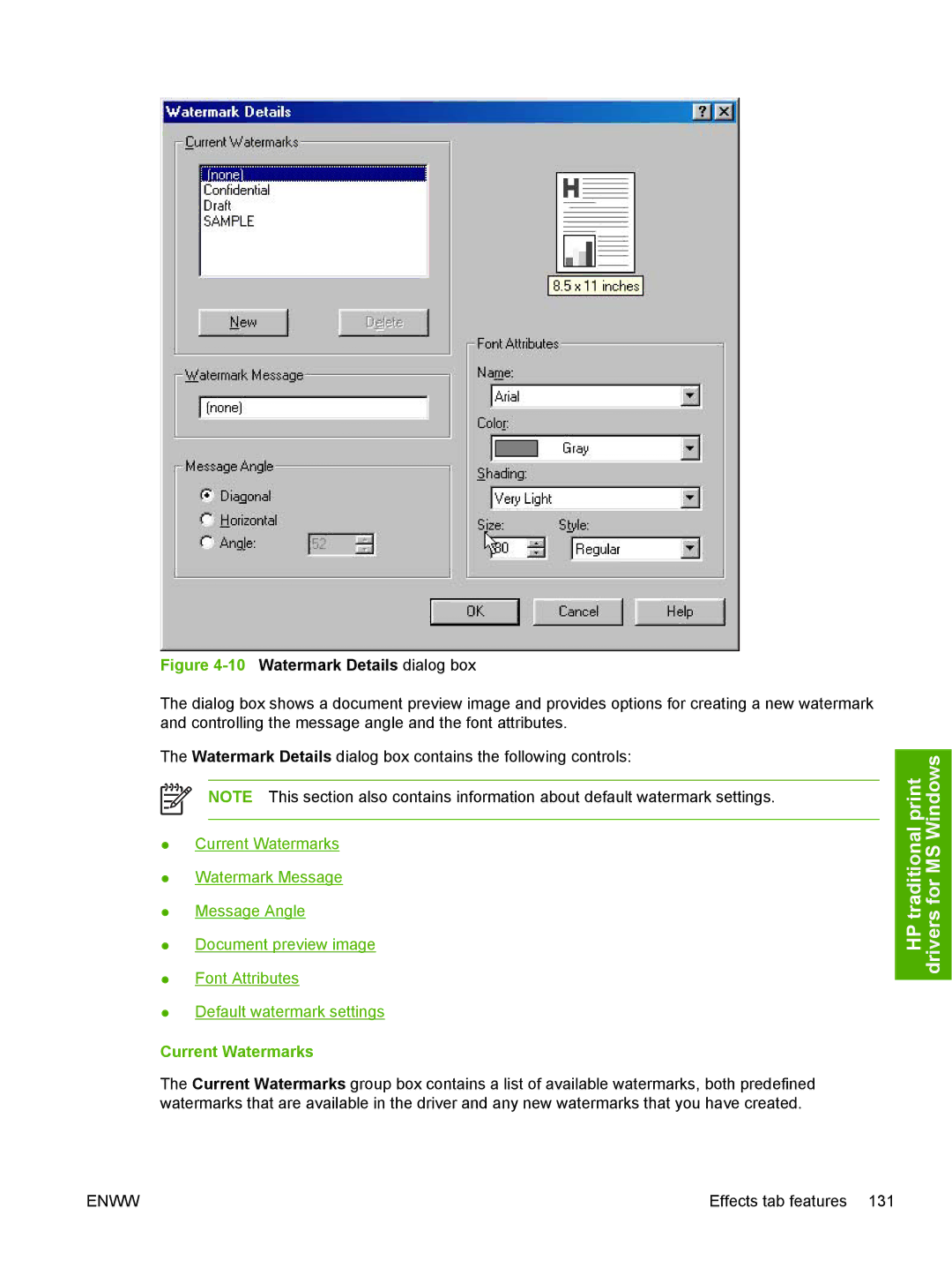 HP 5200L manual 10Watermark Details dialog box, Current Watermarks 