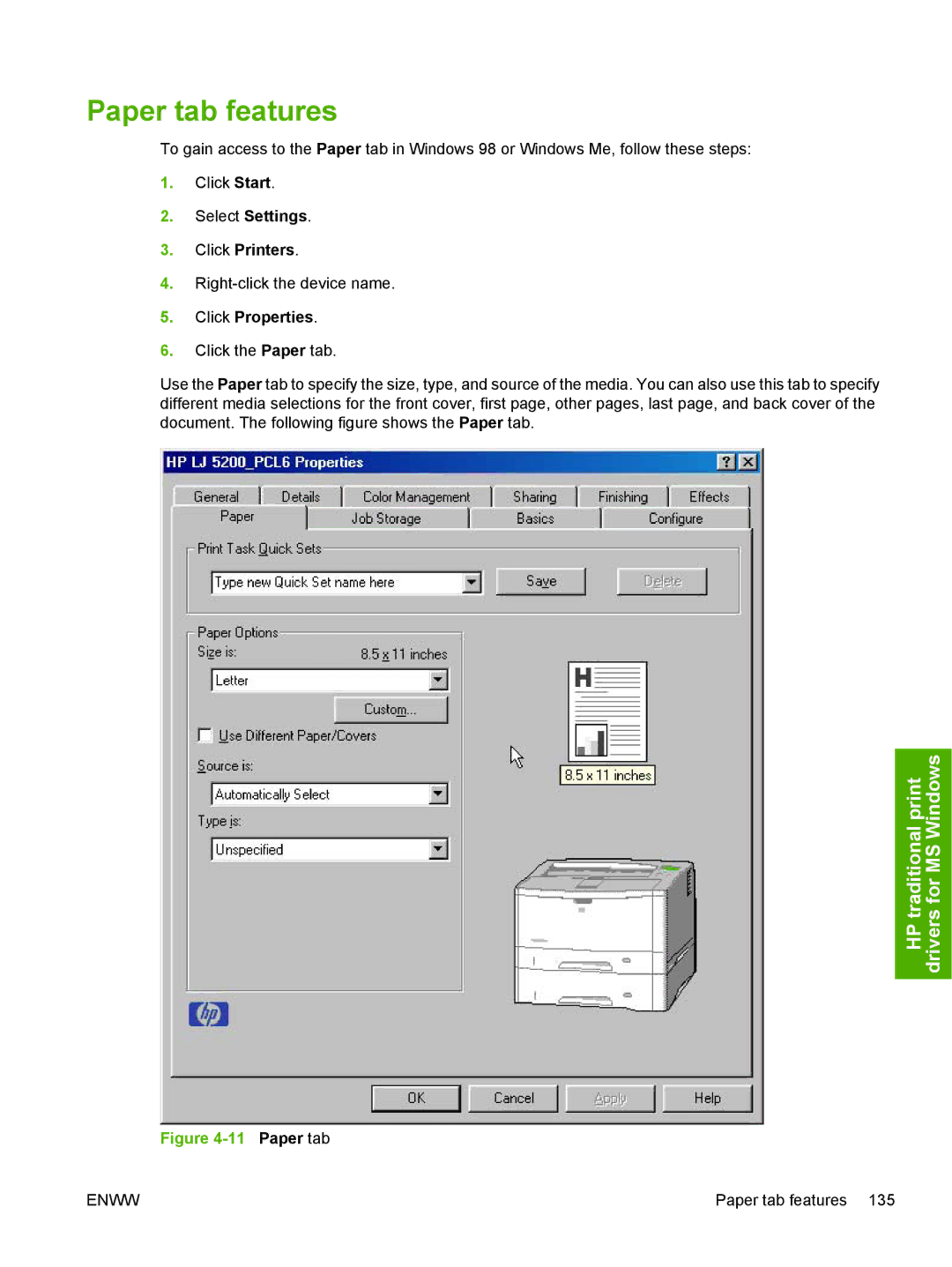 HP 5200L manual Paper tab features 