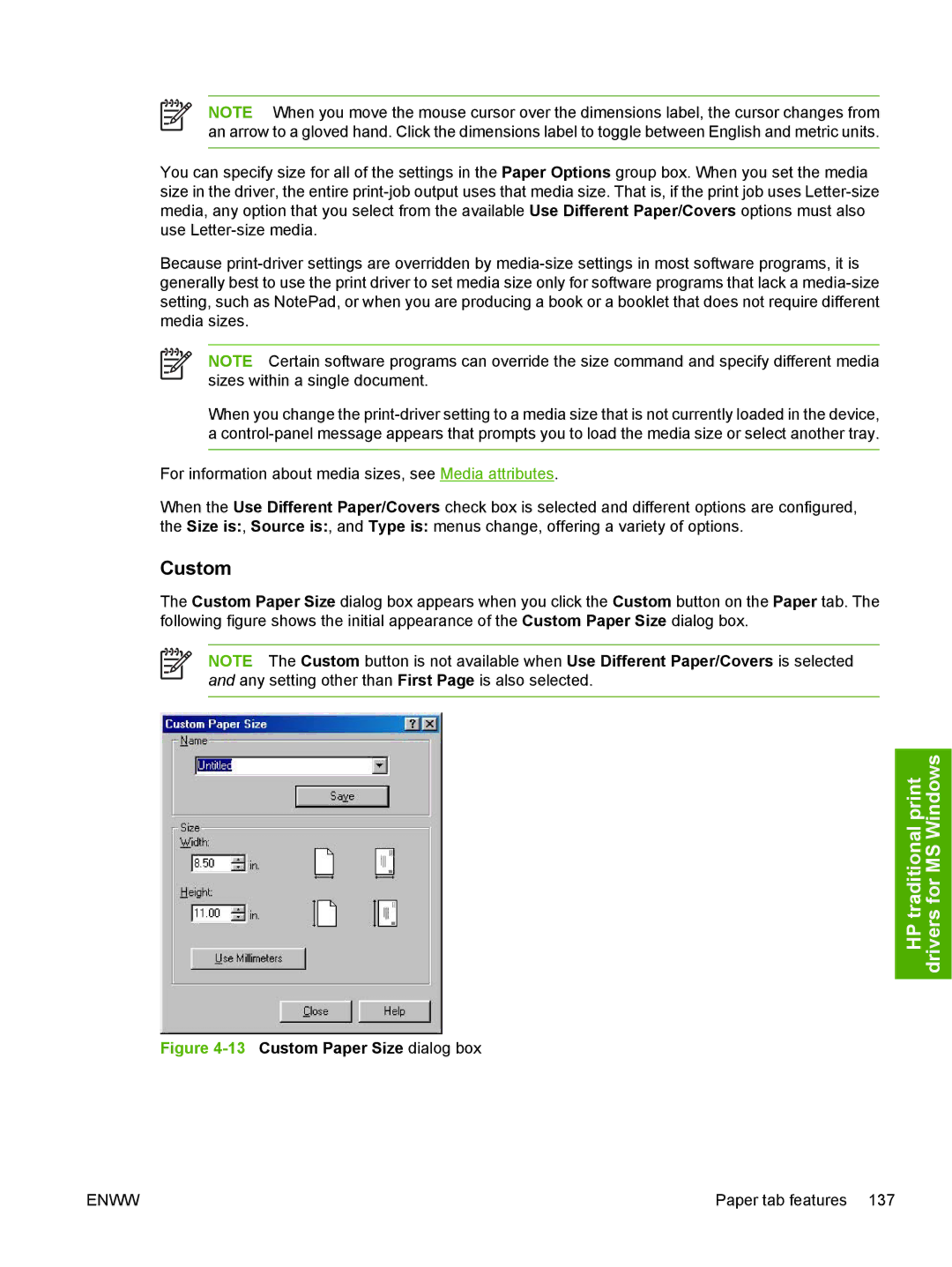 HP 5200L manual 13Custom Paper Size dialog box 