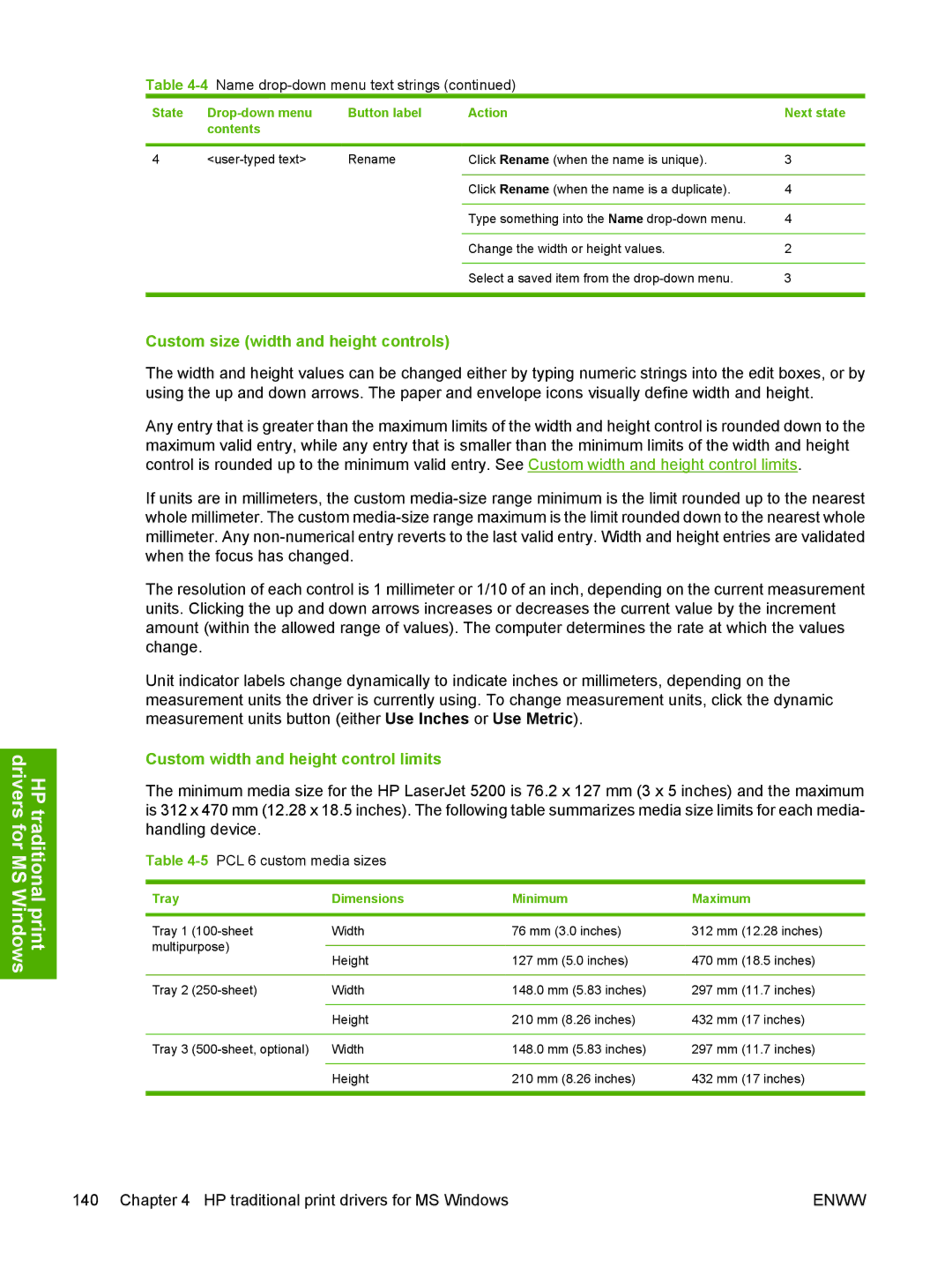 HP 5200L manual Custom size width and height controls, Custom width and height control limits, 5PCL 6 custom media sizes 