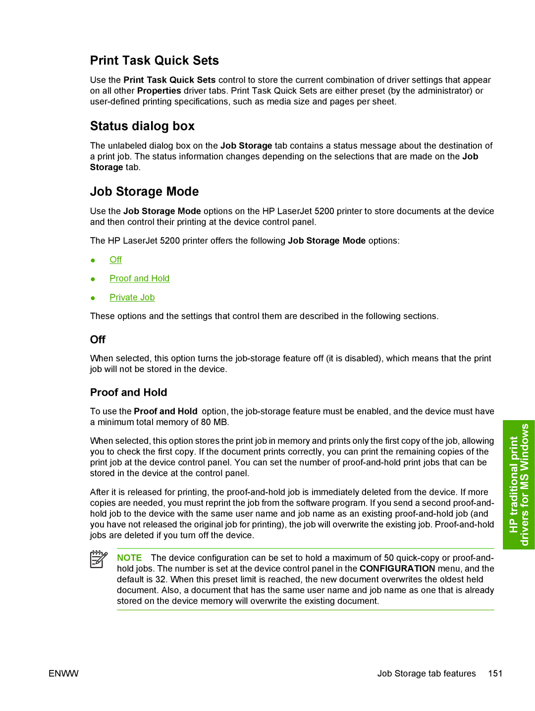 HP 5200L manual Status dialog box, Job Storage Mode, Off, Proof and Hold 