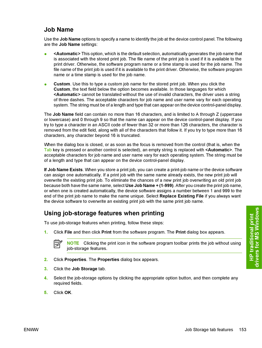 HP 5200L manual Job Name, Using job-storage features when printing 