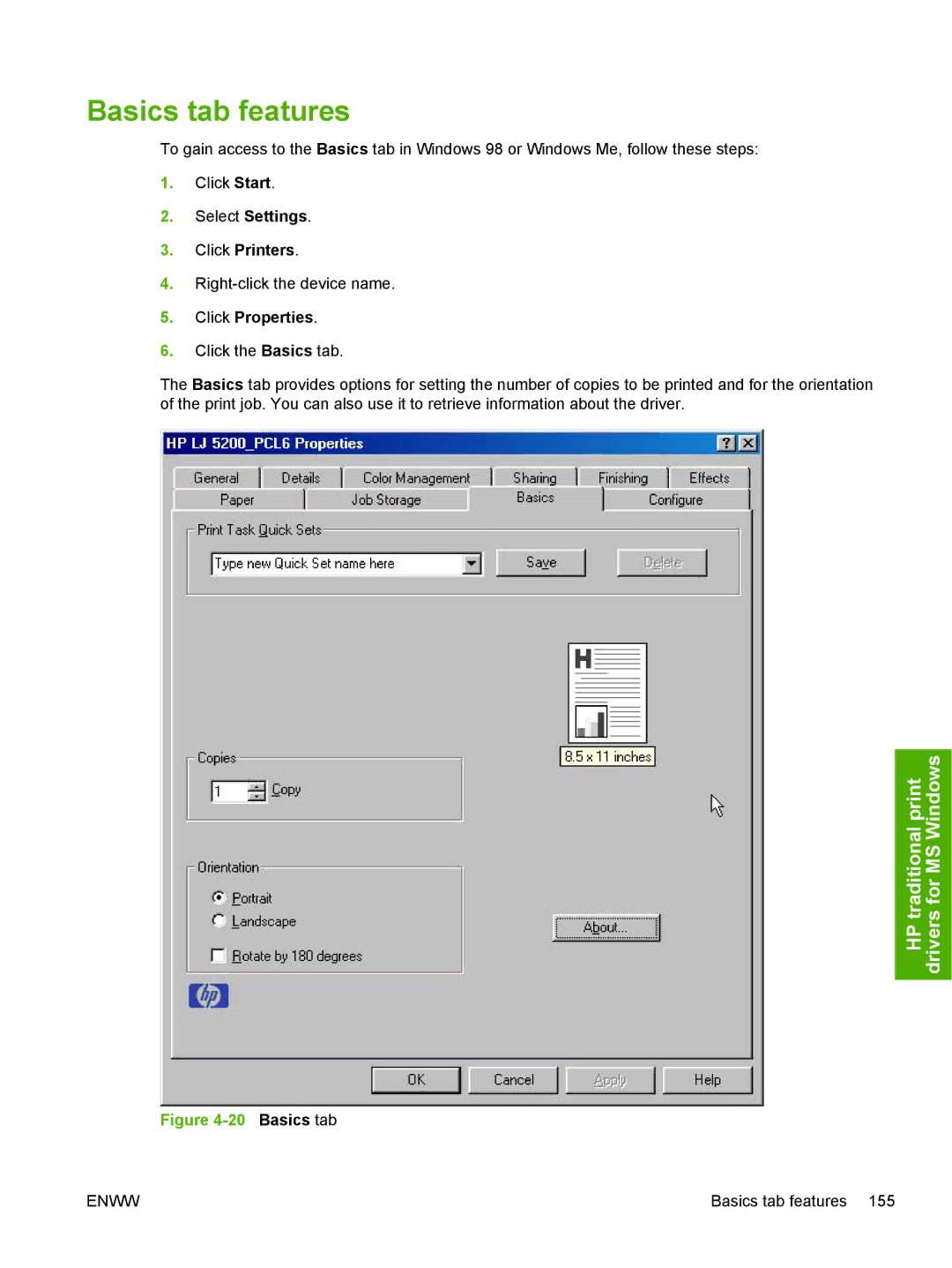 HP 5200L manual Basics tab features 