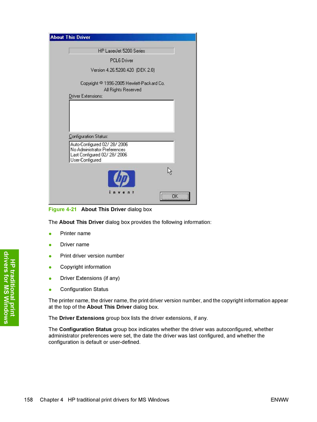 HP 5200L manual 21About This Driver dialog box 