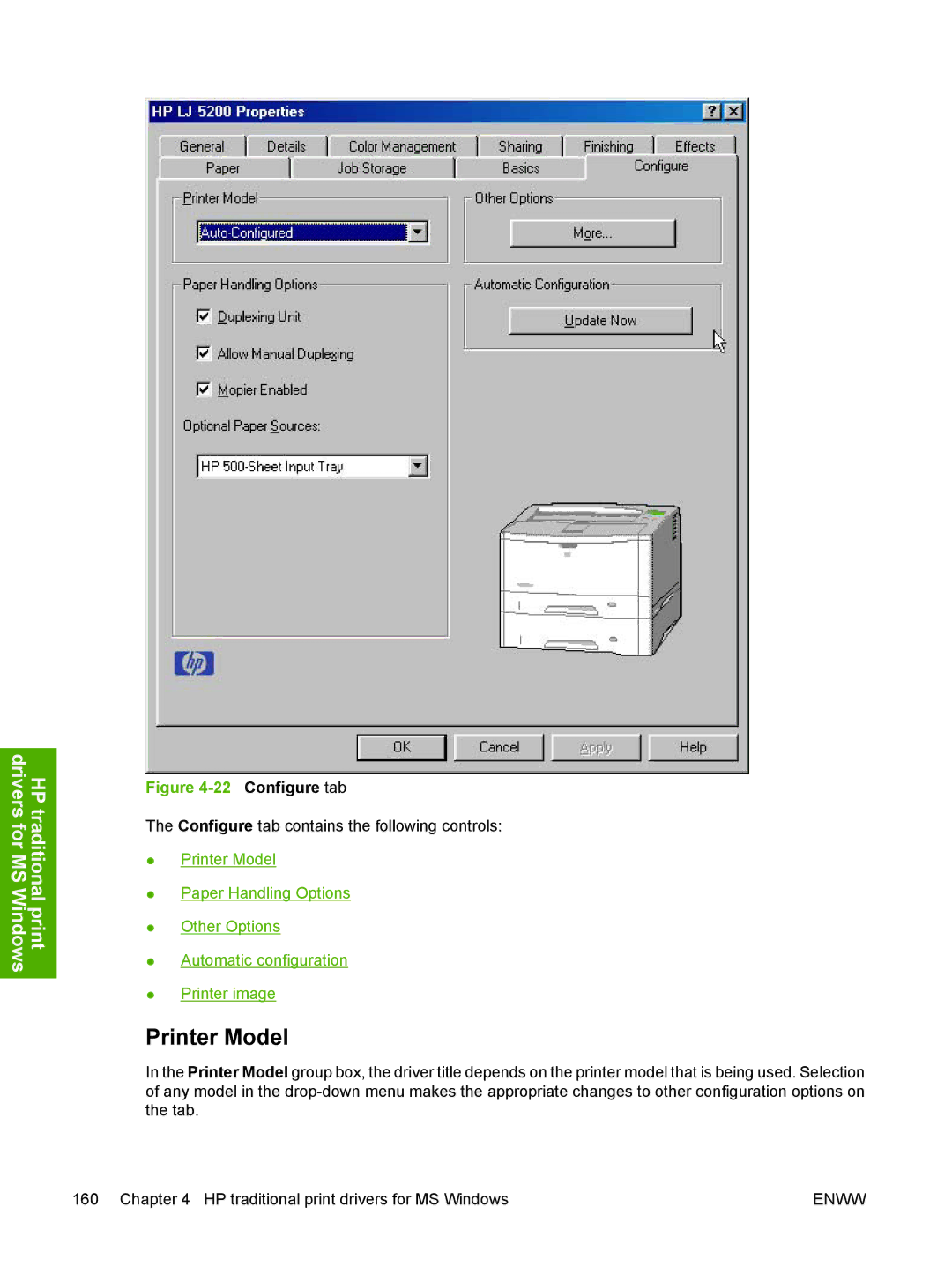 HP 5200L manual Printer Model, Configure tab 