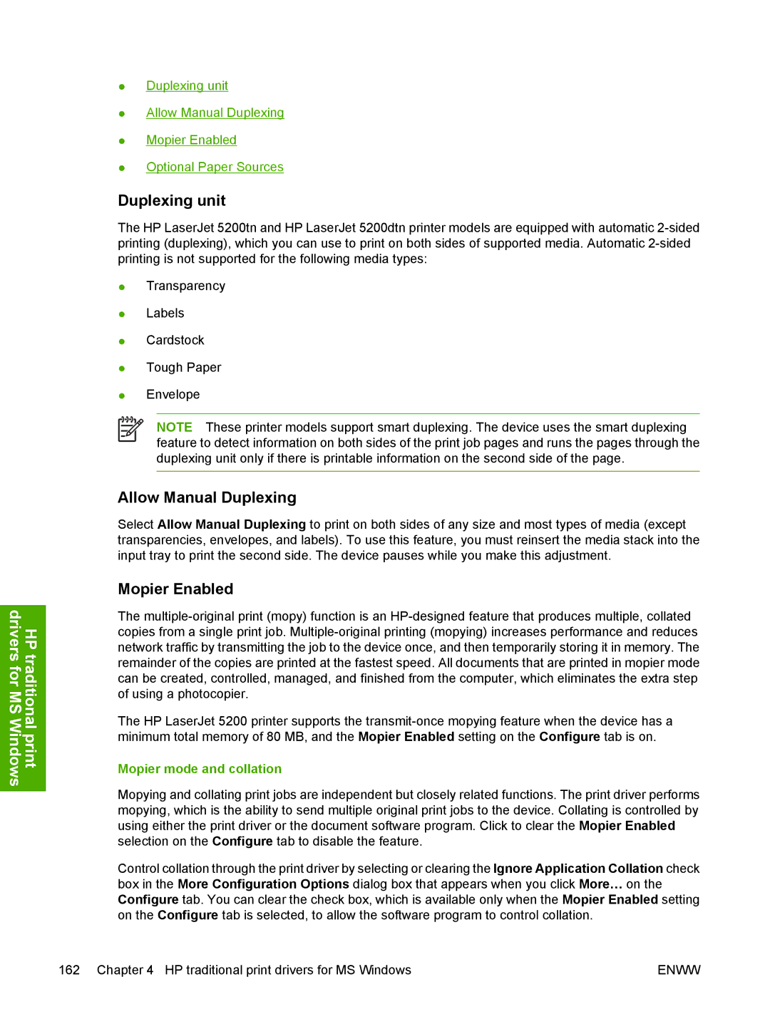 HP 5200L manual Duplexing unit, Allow Manual Duplexing, Mopier Enabled, Mopier mode and collation 