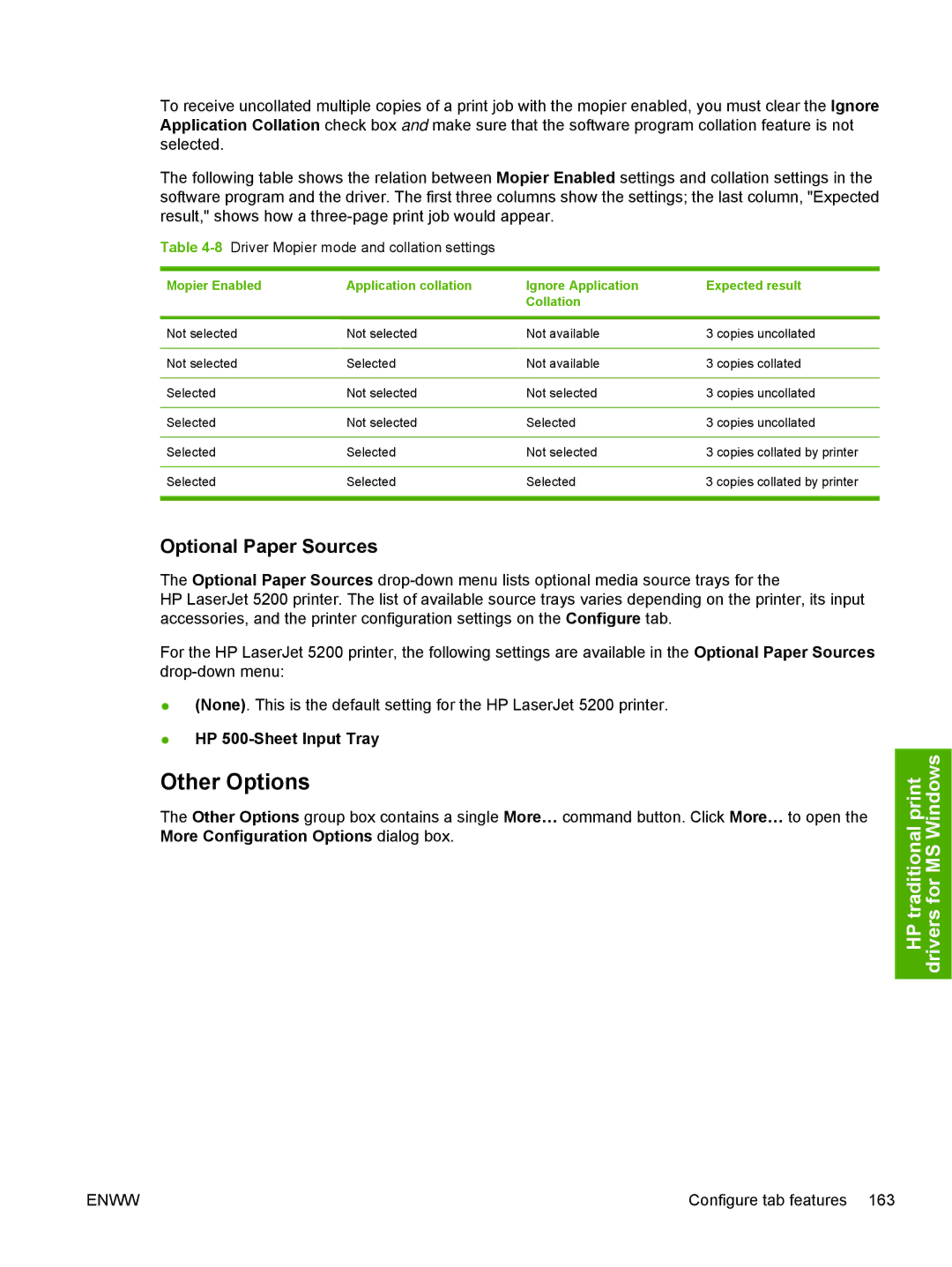 HP 5200L manual Other Options, Optional Paper Sources, HP 500-Sheet Input Tray, 8Driver Mopier mode and collation settings 