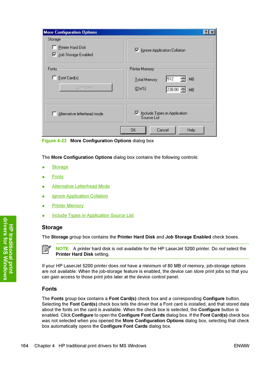 HP 5200L manual Storage, Fonts 