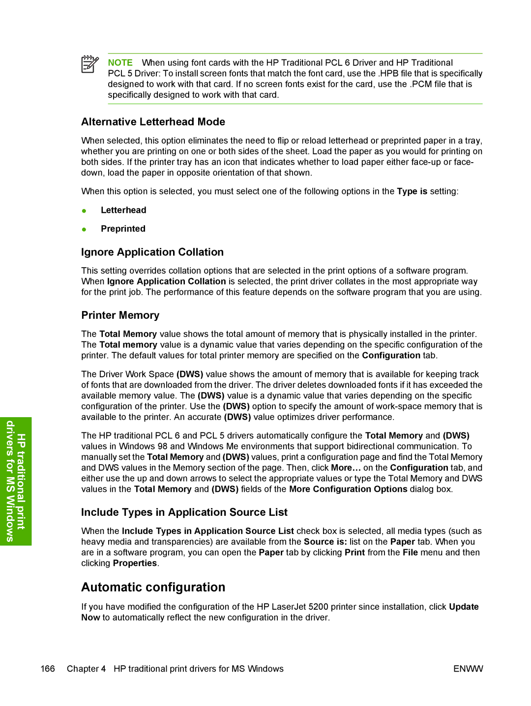 HP 5200L manual Automatic configuration, Alternative Letterhead Mode, Ignore Application Collation, Printer Memory 