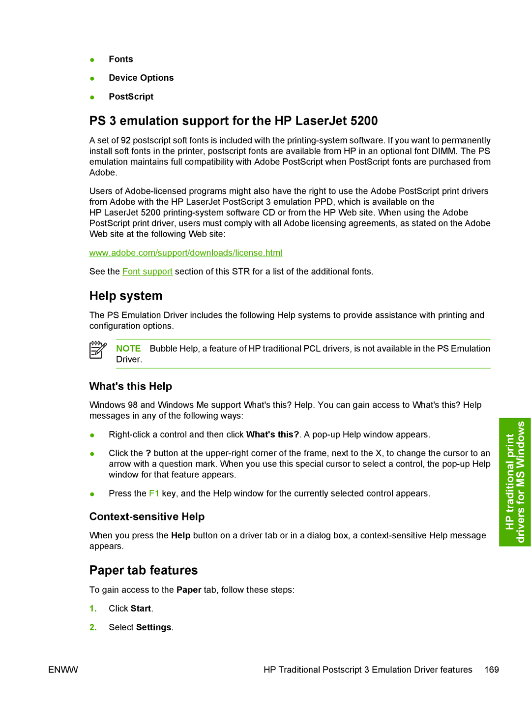 HP 5200L manual PS 3 emulation support for the HP LaserJet, Help system, Paper tab features, Whats this Help 
