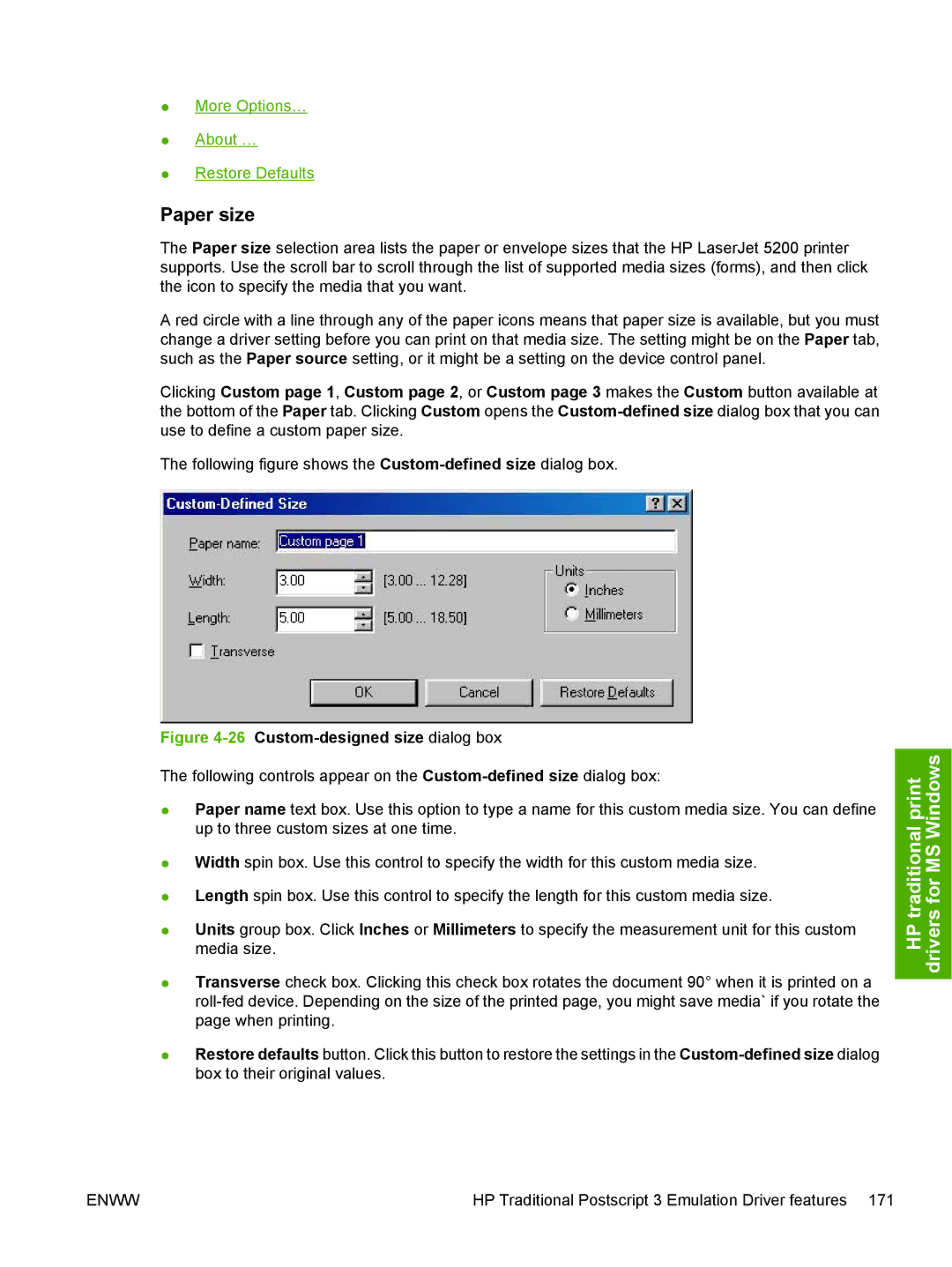 HP 5200L manual Paper size, 26Custom-designed size dialog box 