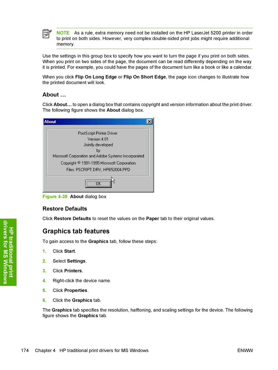 HP 5200L manual Graphics tab features, About …, Restore Defaults 
