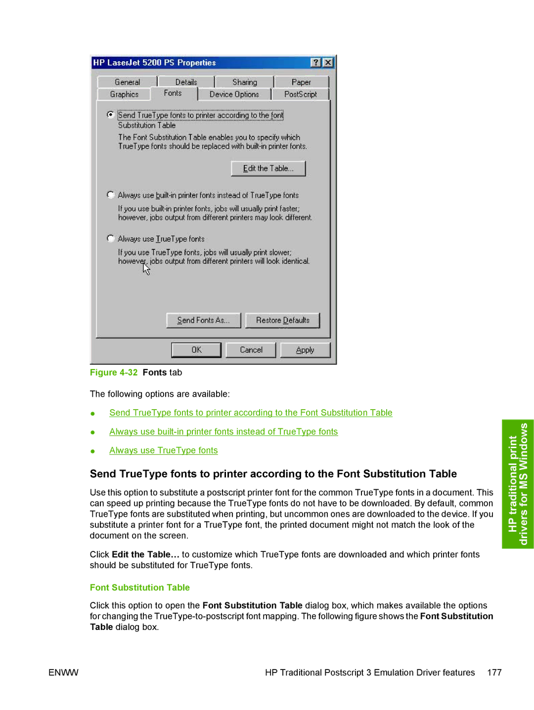 HP 5200L manual Fonts tab, Font Substitution Table 