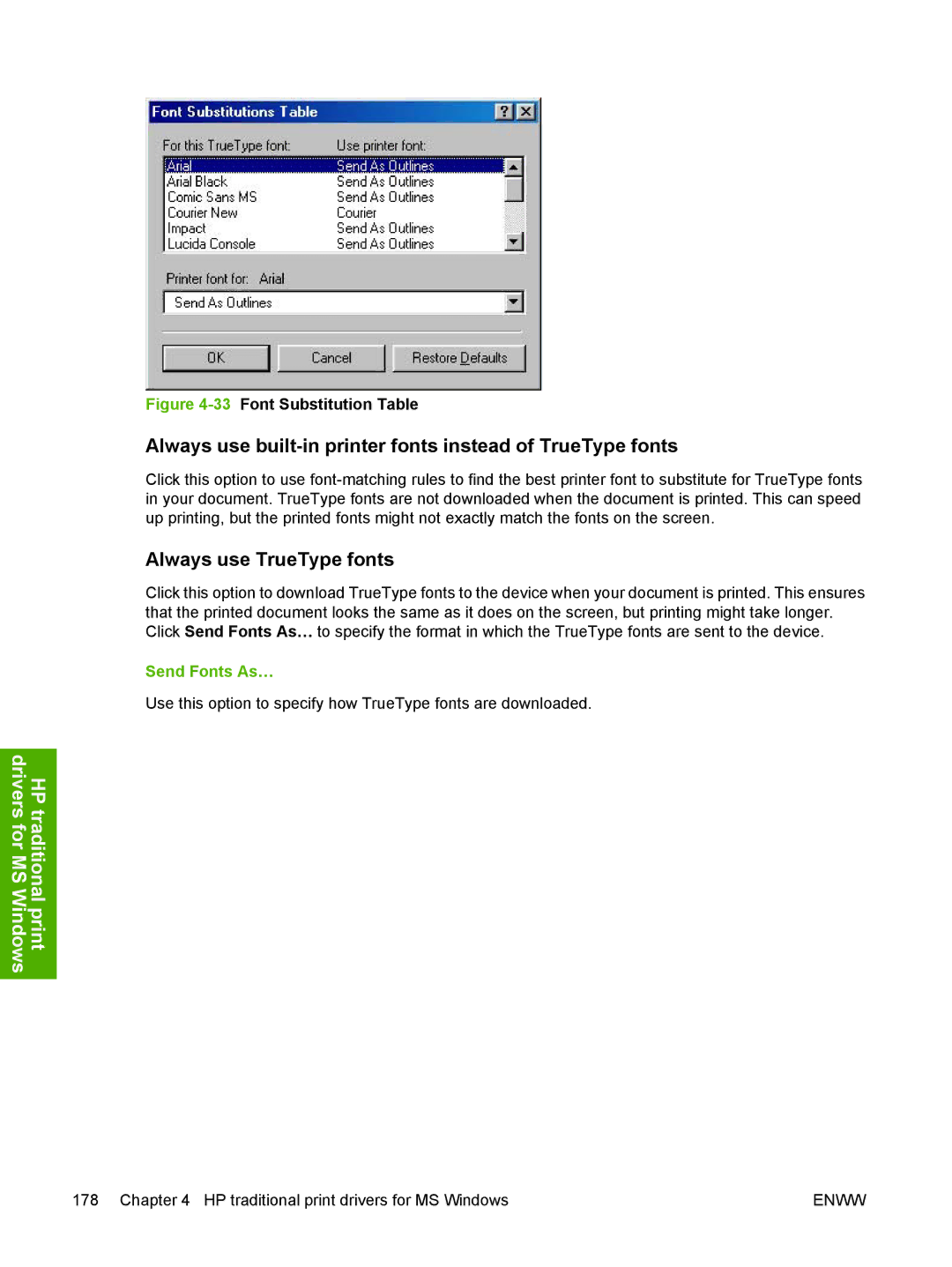 HP 5200L manual Always use built-in printer fonts instead of TrueType fonts, Always use TrueType fonts, Send Fonts As… 