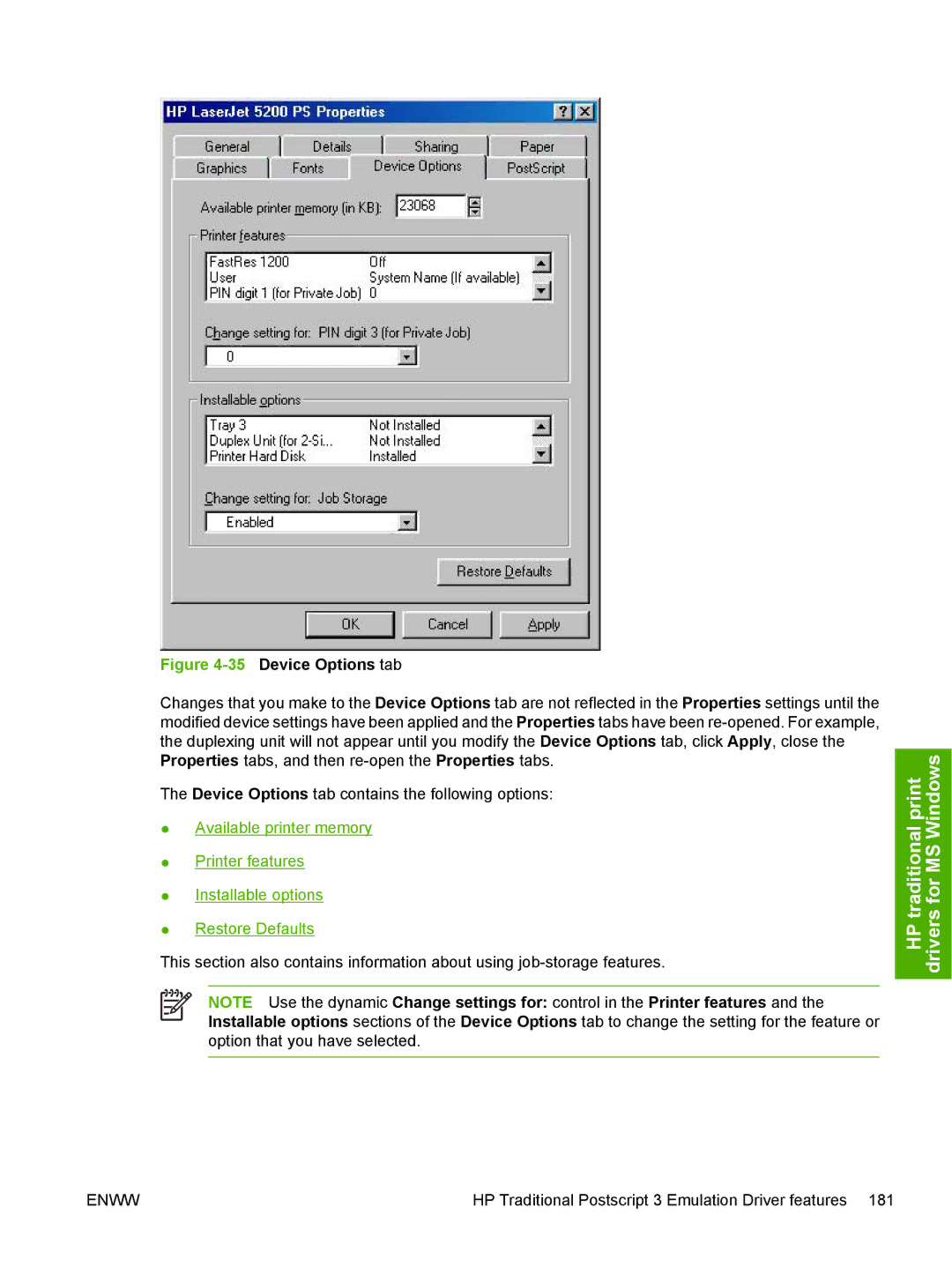 HP 5200L manual 35Device Options tab 