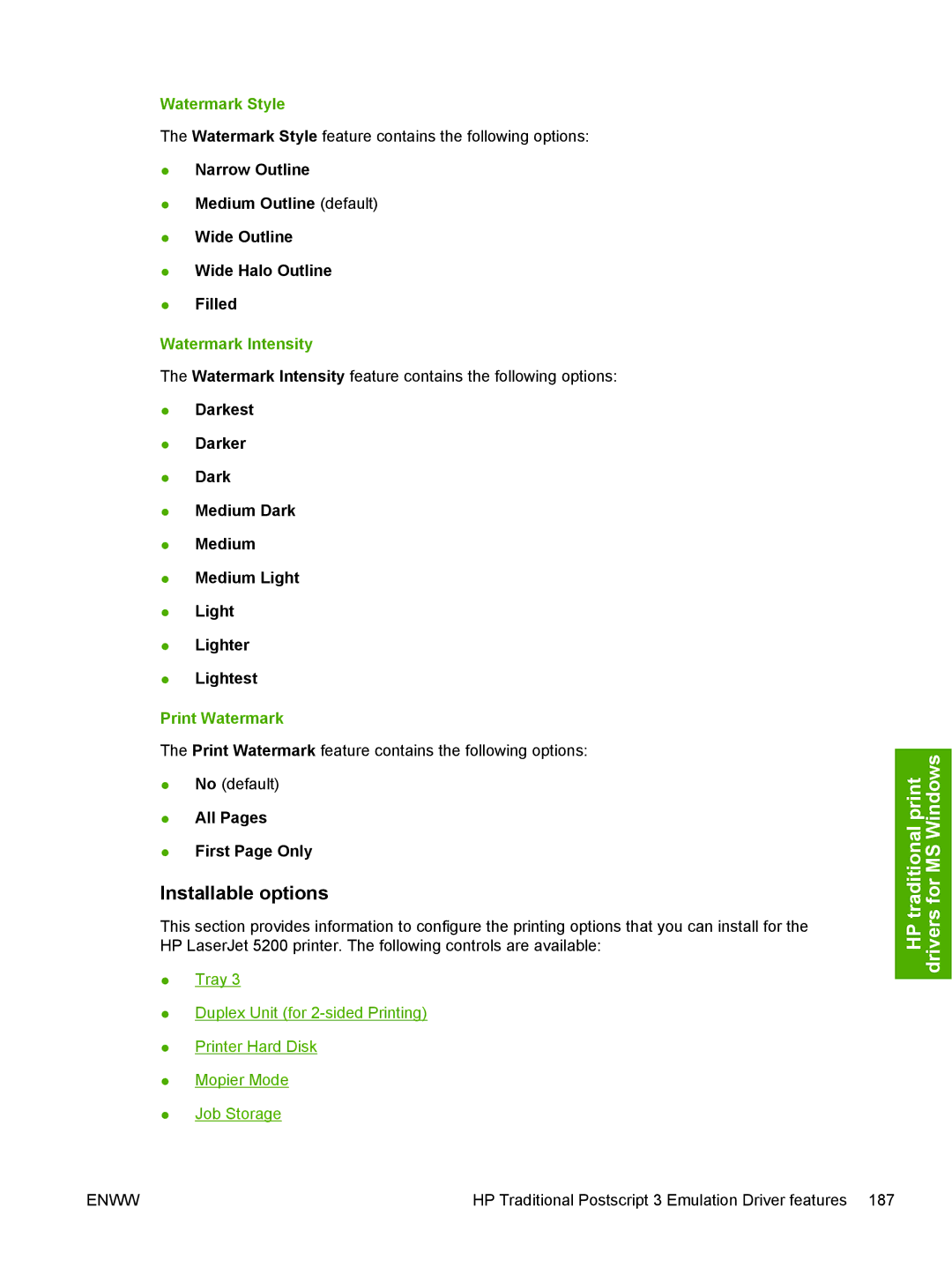 HP 5200L manual Installable options, Watermark Style, Watermark Intensity, Print Watermark 