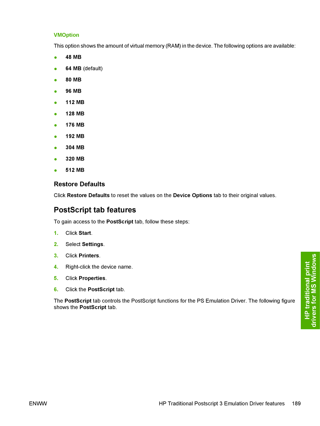 HP 5200L manual PostScript tab features, VMOption, 48 MB 