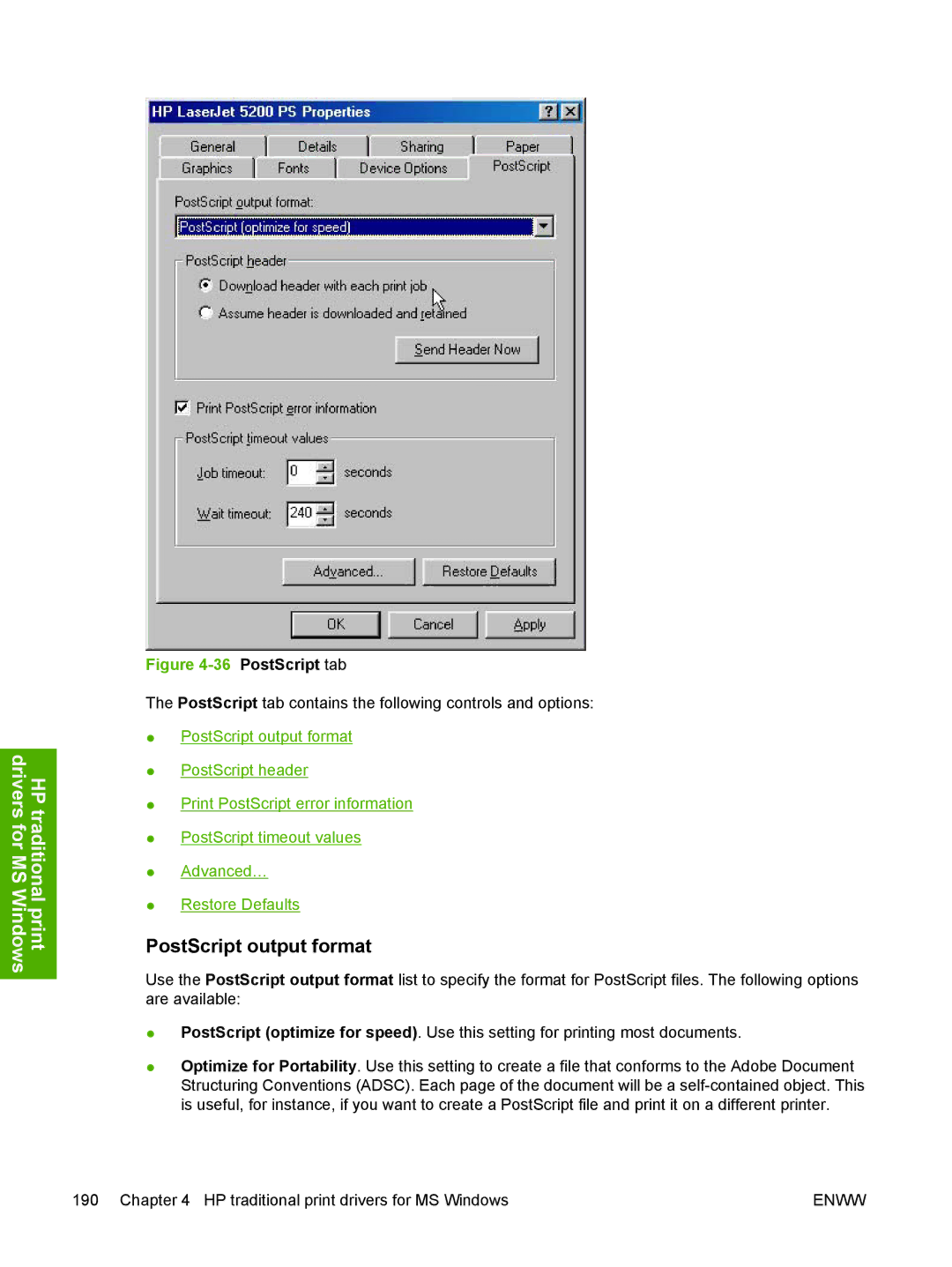 HP 5200L manual PostScript output format, PostScript tab 