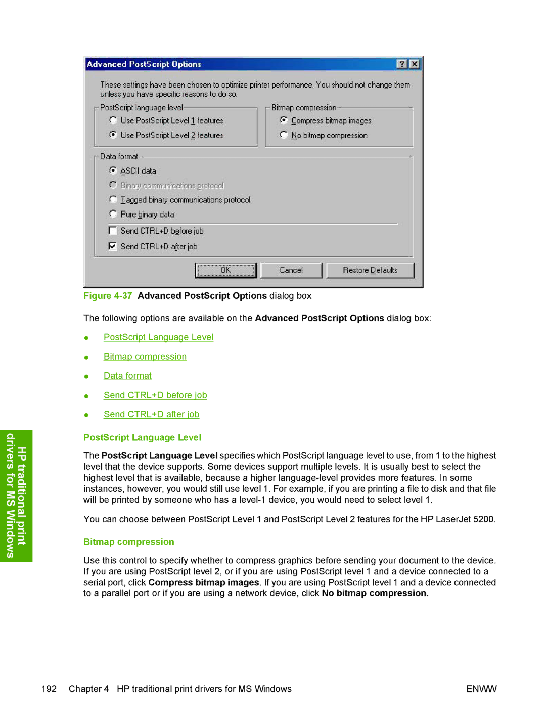 HP 5200L manual PostScript Language Level, Bitmap compression 