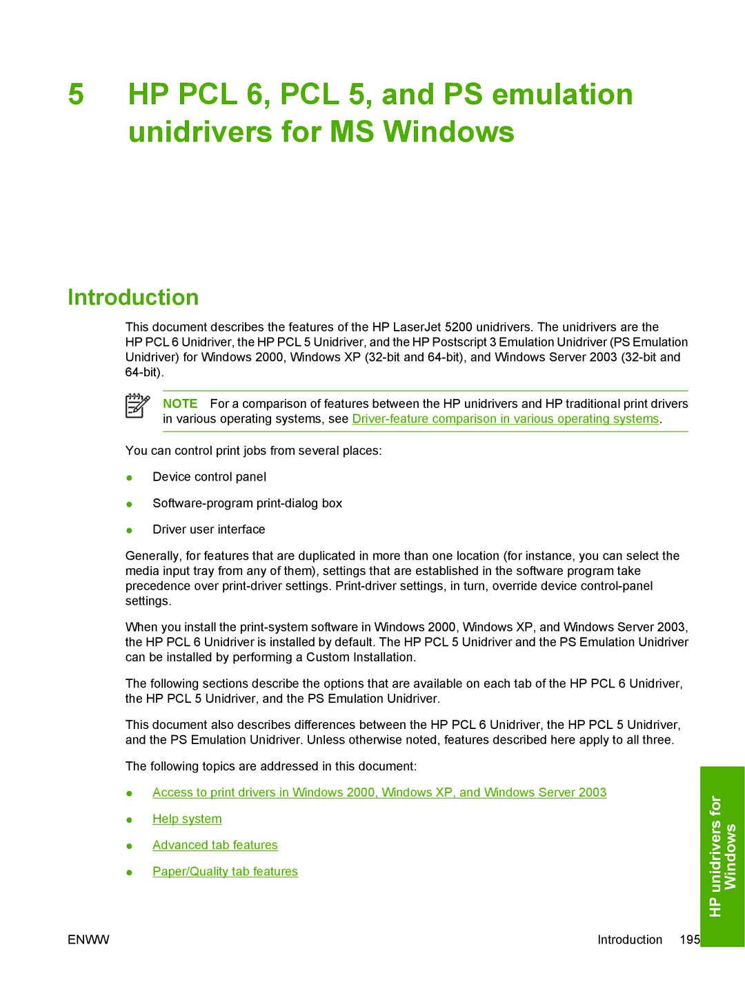 HP 5200L manual HP PCL 6, PCL 5, and PS emulation unidrivers for MS Windows 