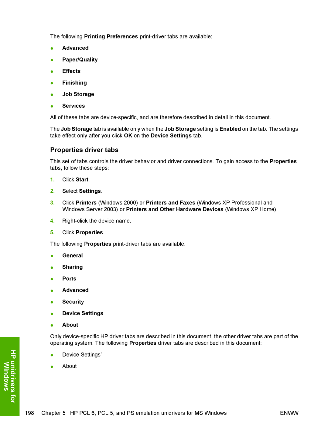 HP 5200L manual Properties driver tabs 