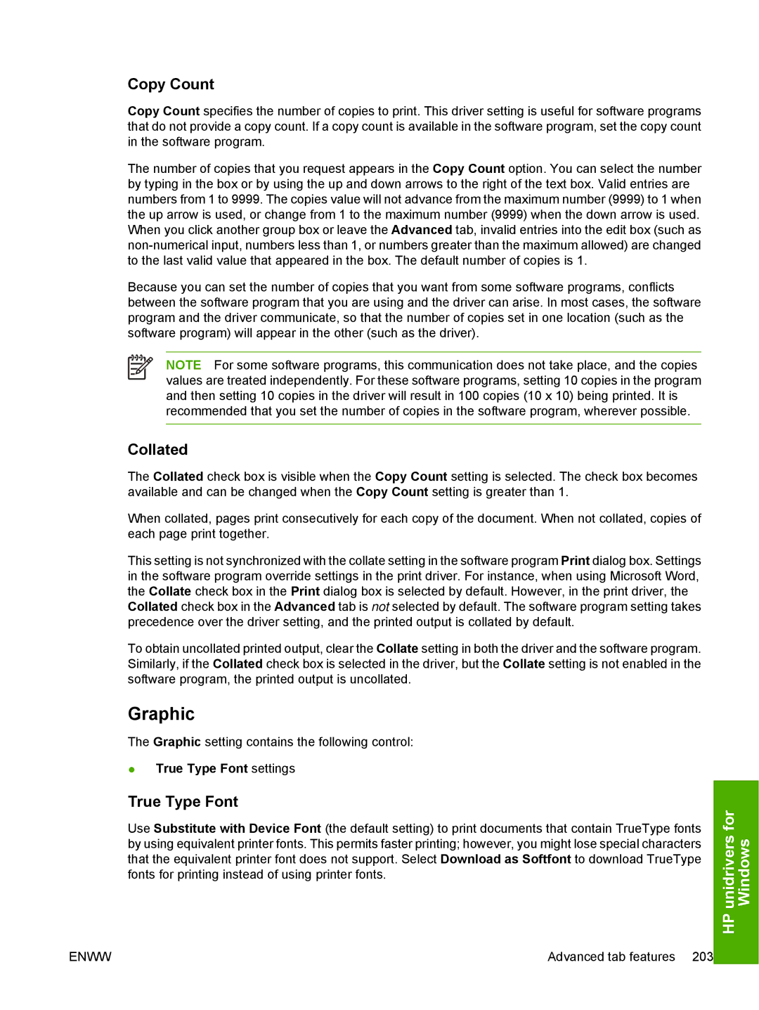 HP 5200L manual Graphic, Copy Count, Collated, True Type Font settings 