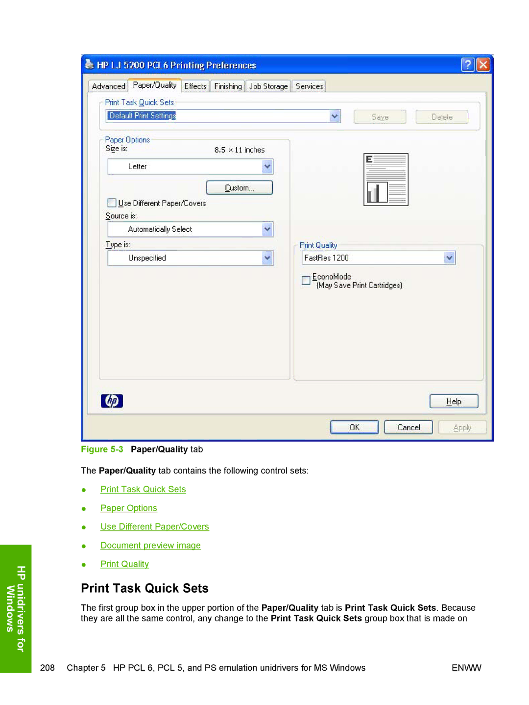 HP 5200L manual 3Paper/Quality tab 