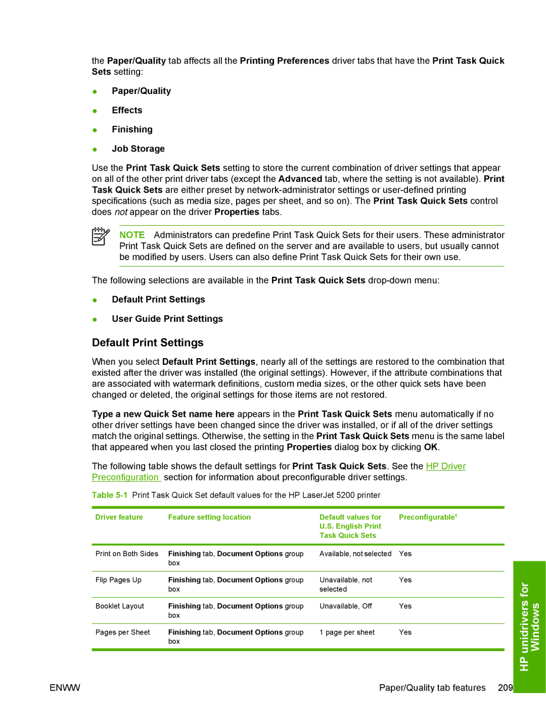 HP 5200L manual Default Print Settings User Guide Print Settings 