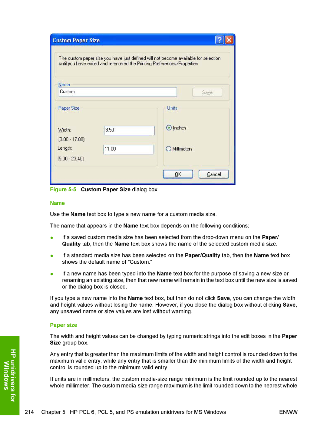 HP 5200L manual 5Custom Paper Size dialog box, Paper size 