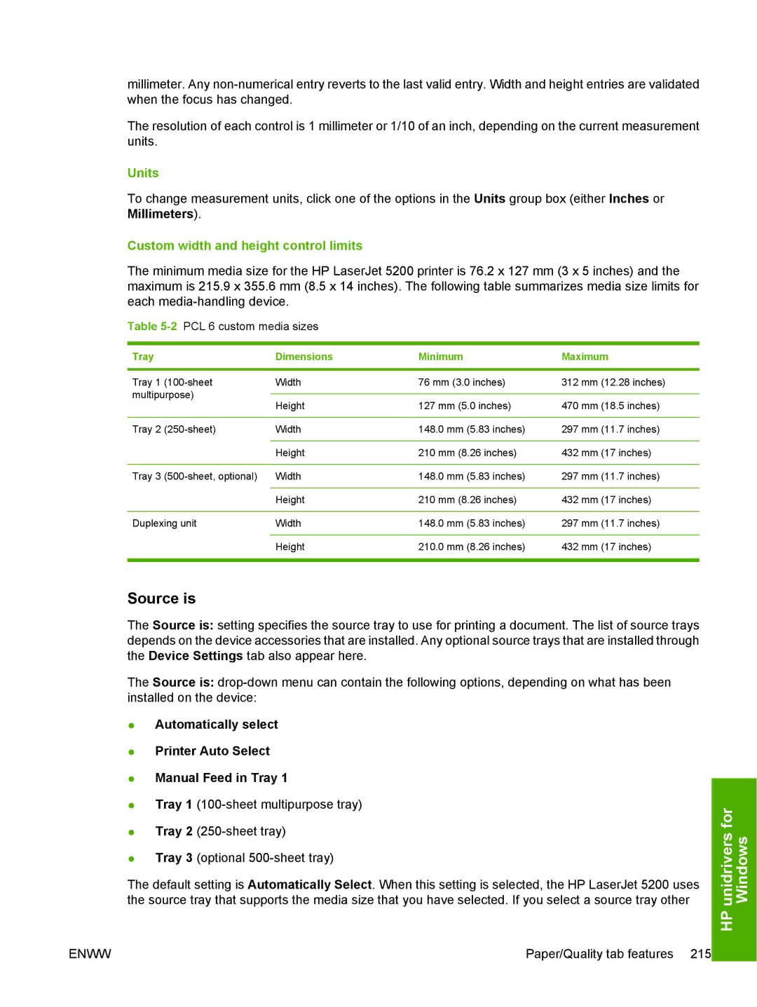 HP 5200L manual Units, 2PCL 6 custom media sizes 