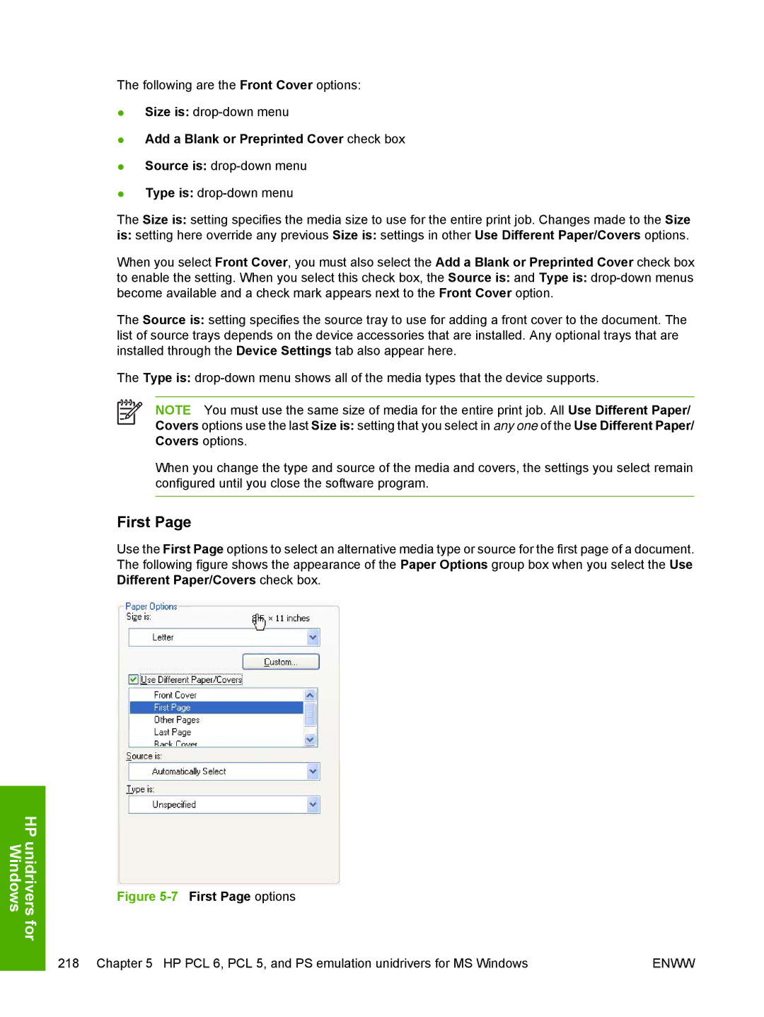 HP 5200L manual First Page options 