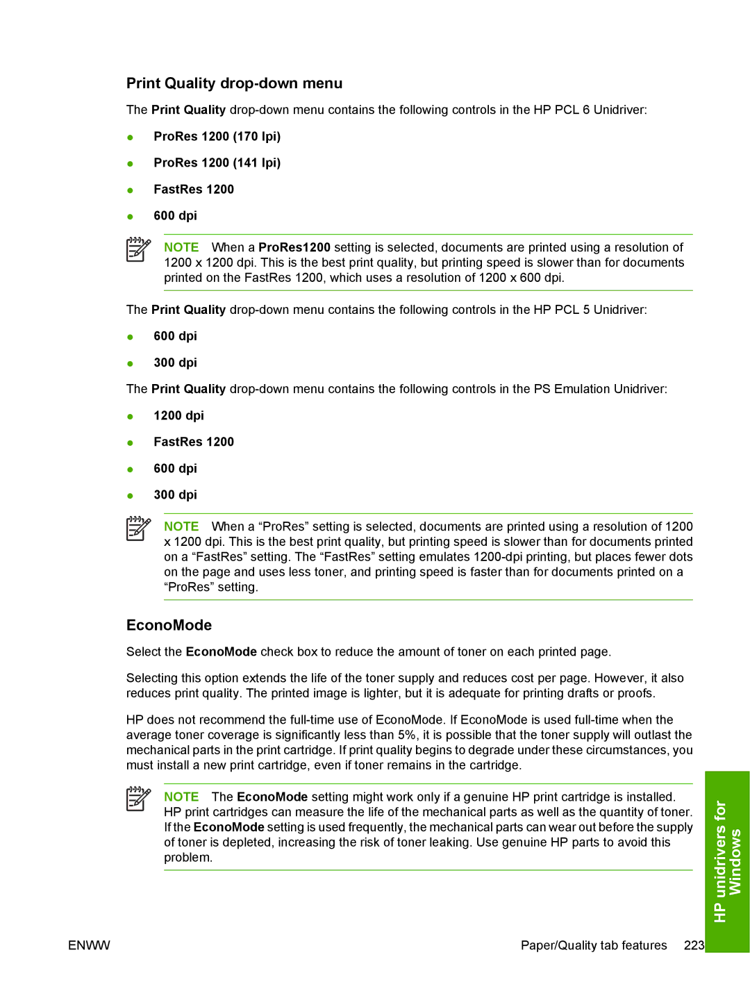 HP 5200L manual Print Quality drop-down menu, EconoMode, dpi 300 dpi 