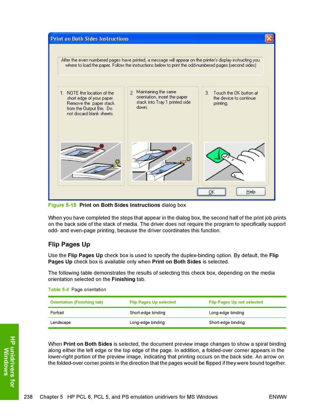 HP 5200L manual 15Print on Both Sides Instructions dialog box, 4Page orientation 