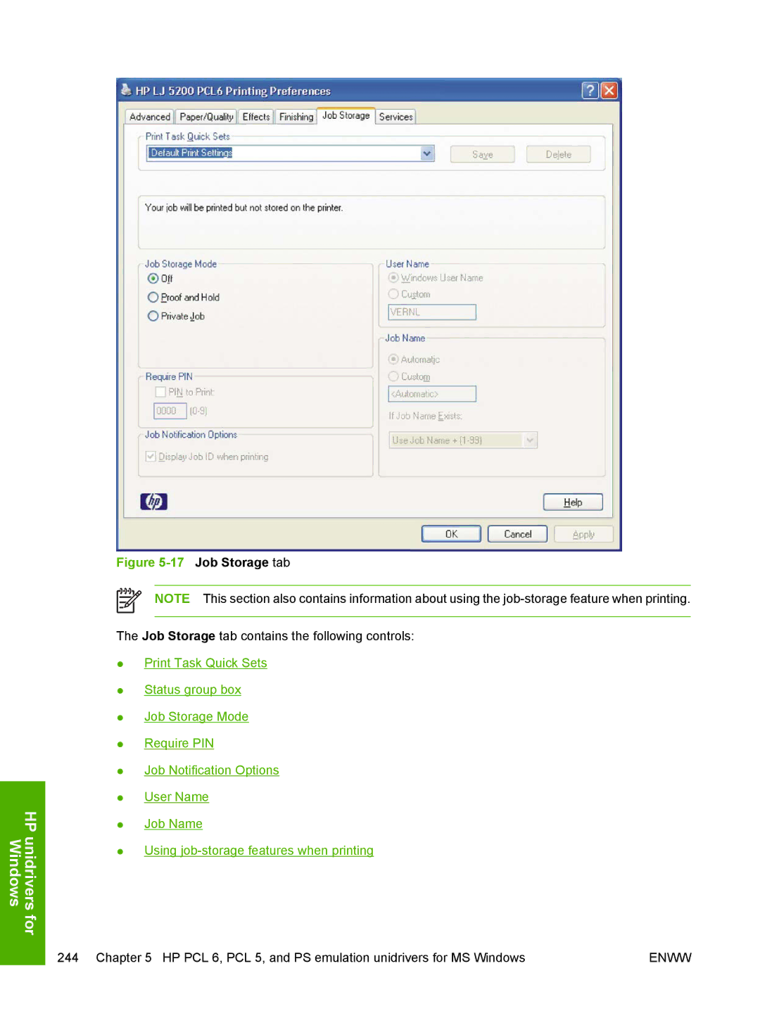 HP 5200L manual Job Storage tab 