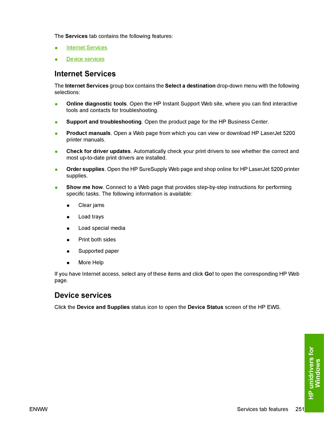 HP 5200L manual Internet Services, Device services 