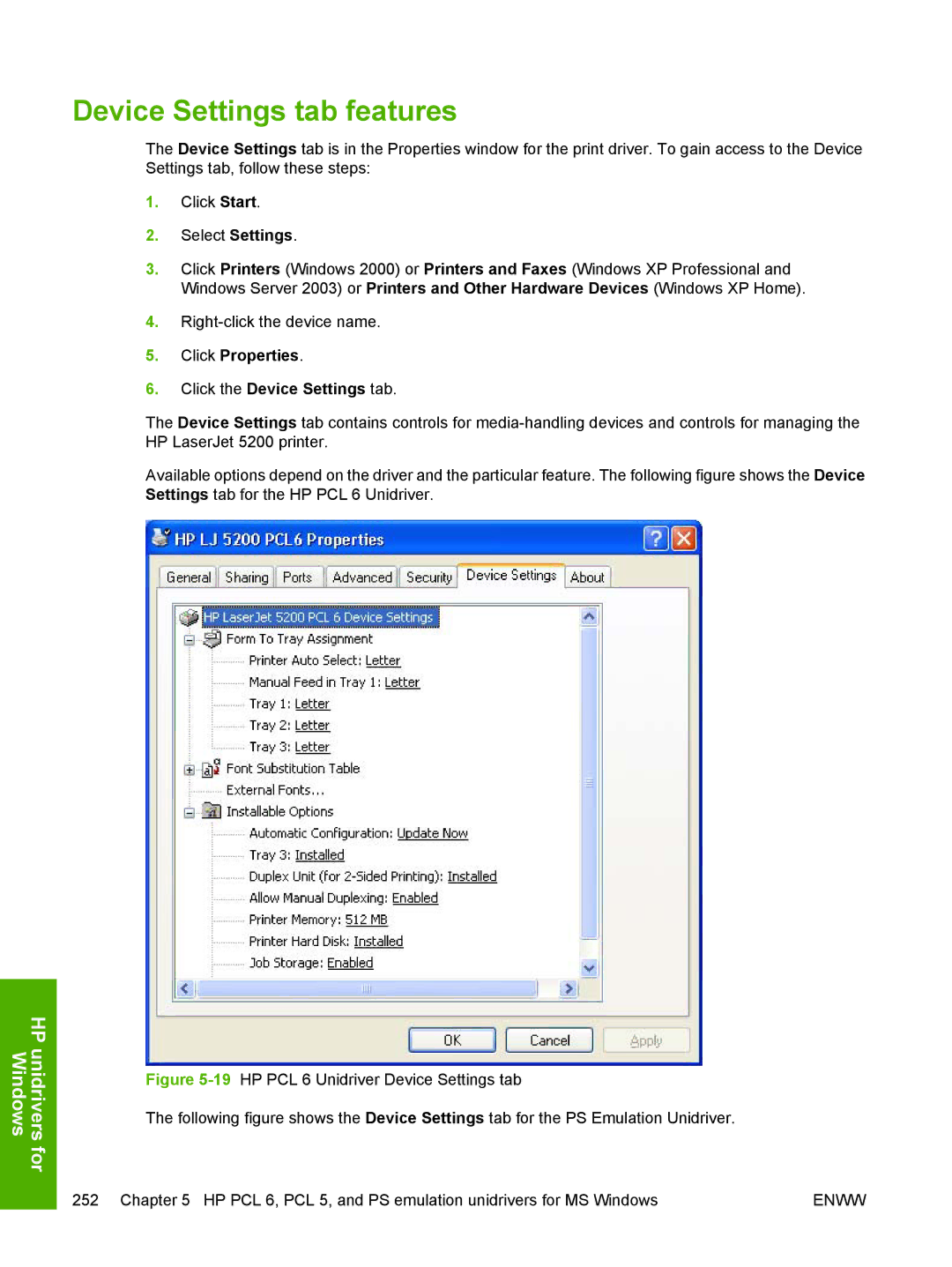 HP 5200L manual Device Settings tab features, Click Properties Click the Device Settings tab 