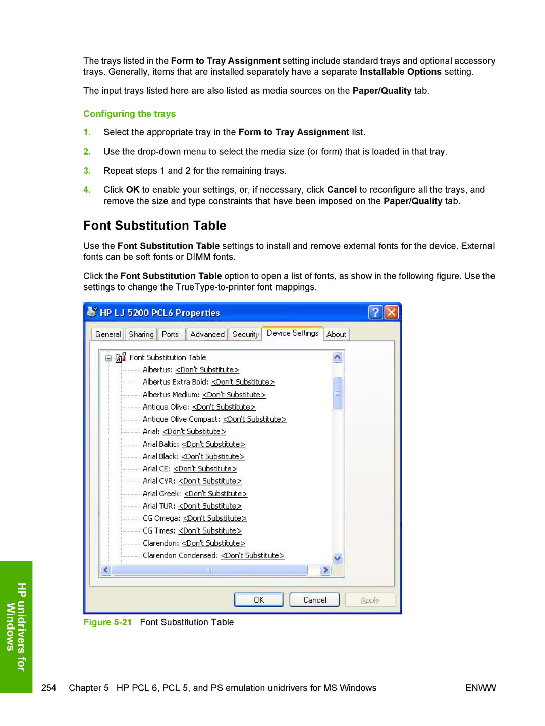 HP 5200L manual Font Substitution Table, Configuring the trays 