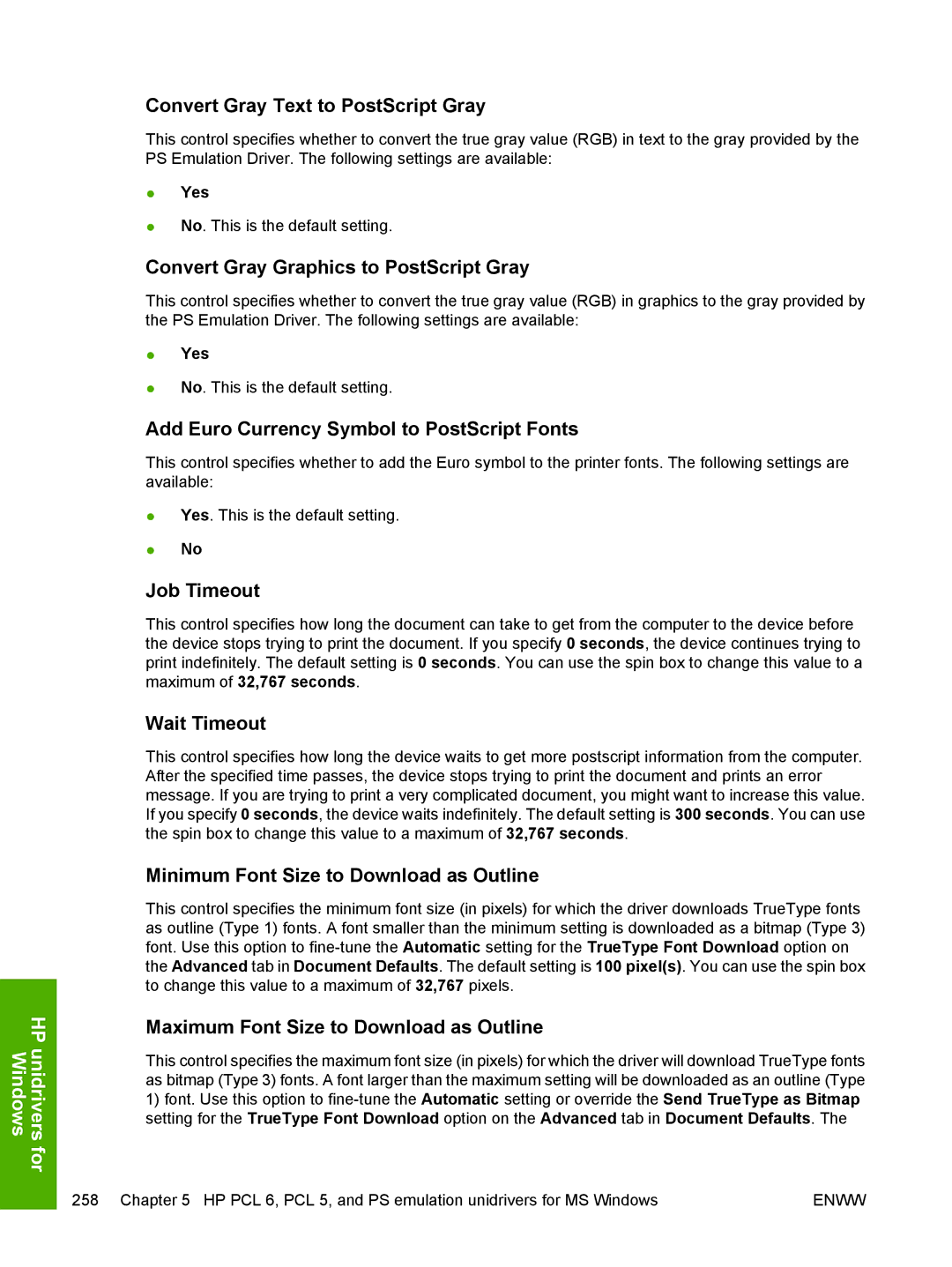 HP 5200L manual Convert Gray Text to PostScript Gray, Convert Gray Graphics to PostScript Gray, Job Timeout, Wait Timeout 